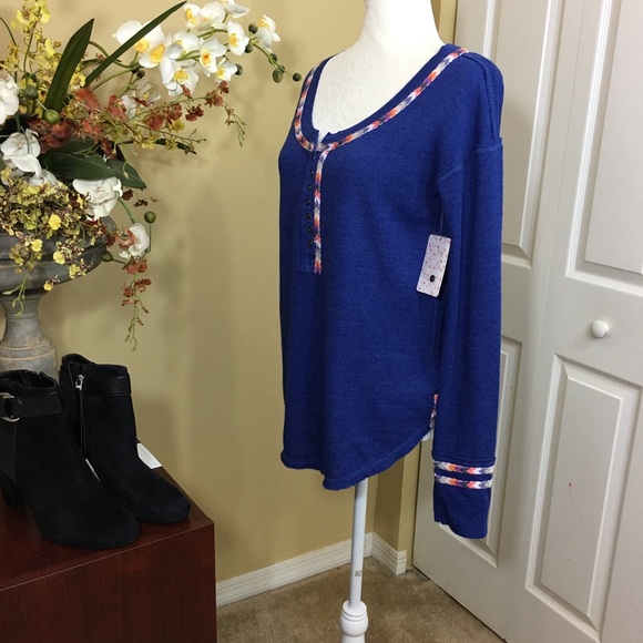 FREE PEOPLE RAINBOW THERMAL HENLEY, BLUE, SIZE SMALL, (NWT) - Picture 3 of 7
